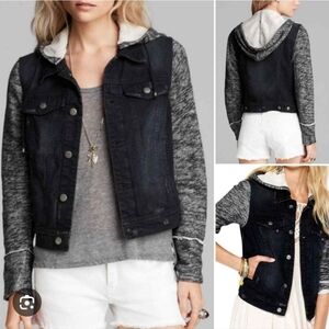 FREE PEOPLE | Mixed Media Denim Jacket Hoodie Jean Pumice Black Boho Sz M